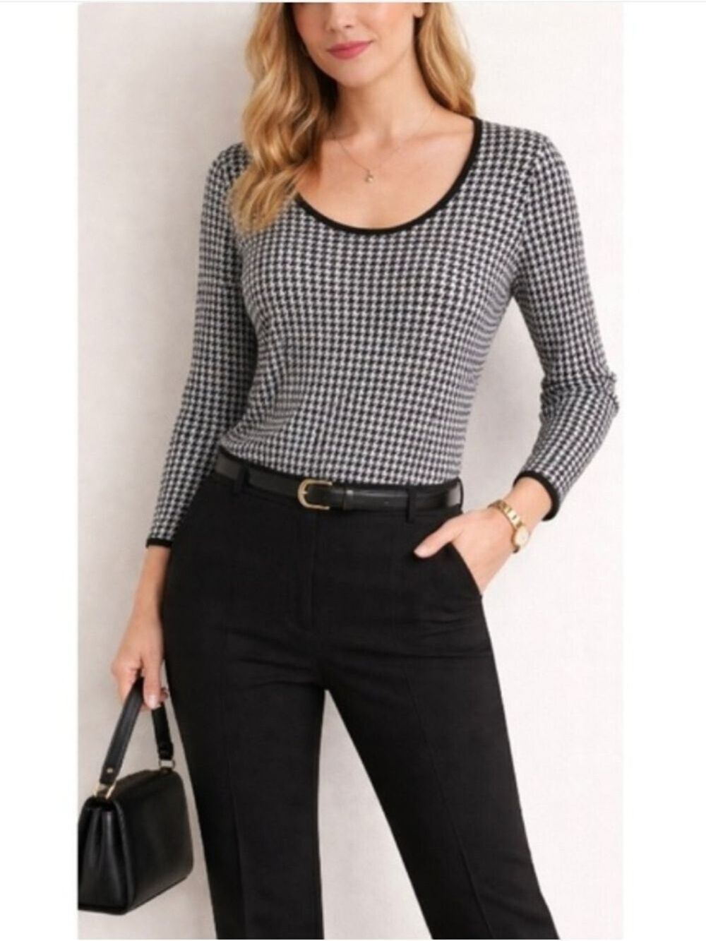 WHITE HOUSE BLACK MARKET HOUNDSTOOTH SCOOP NECK LONG SLEEVE SWEATER SMALL - Picture 2 of 9
